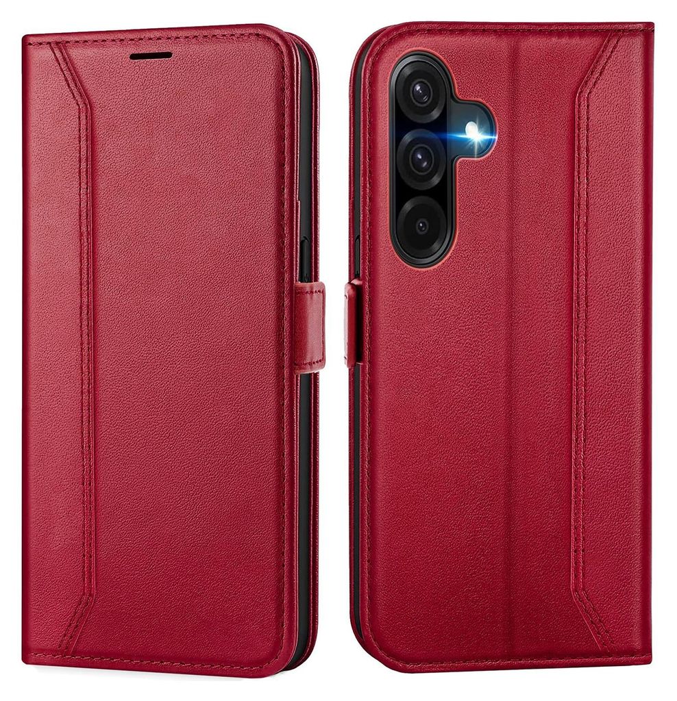 A red flip case for a smartphone, shown from the front and back.