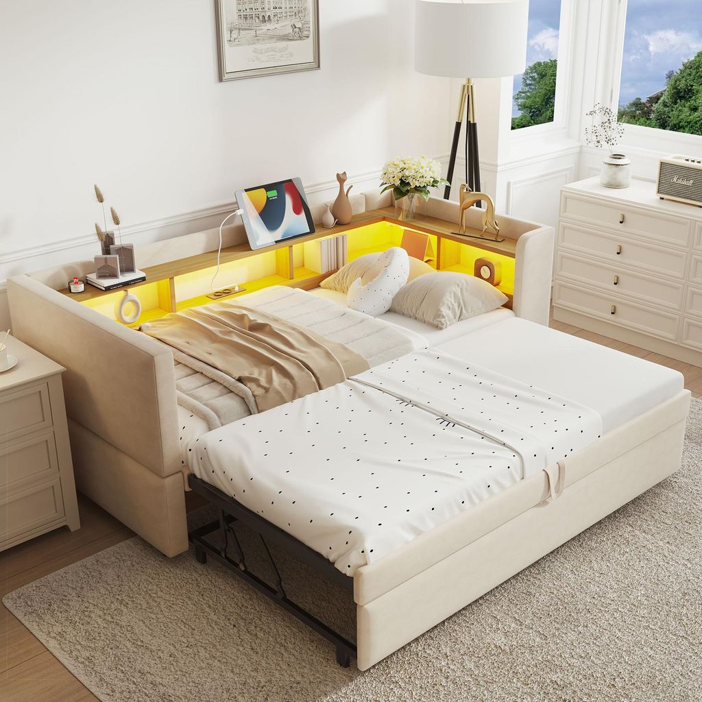 Merax Schlafsofa Tagesbett 90/180x190 cm mit LED & Stauraum, Schlafcouch mit Steckdosen, Sofa Bett Klappsofa für Wohnzimmer, Gästezimmer, Beige