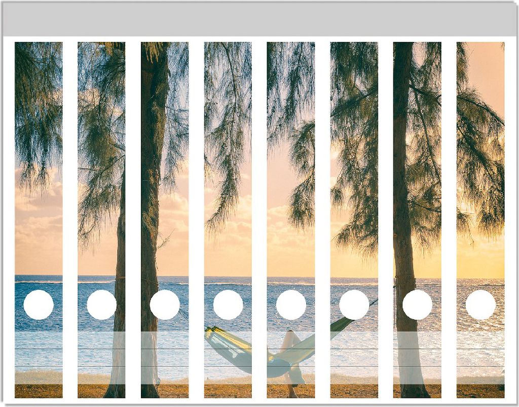 Wallario Ordnerrücken Sticker, selbstklebend für schmale Ordner, 8 Stück, Motiv Chillout - Hängematte am Meer