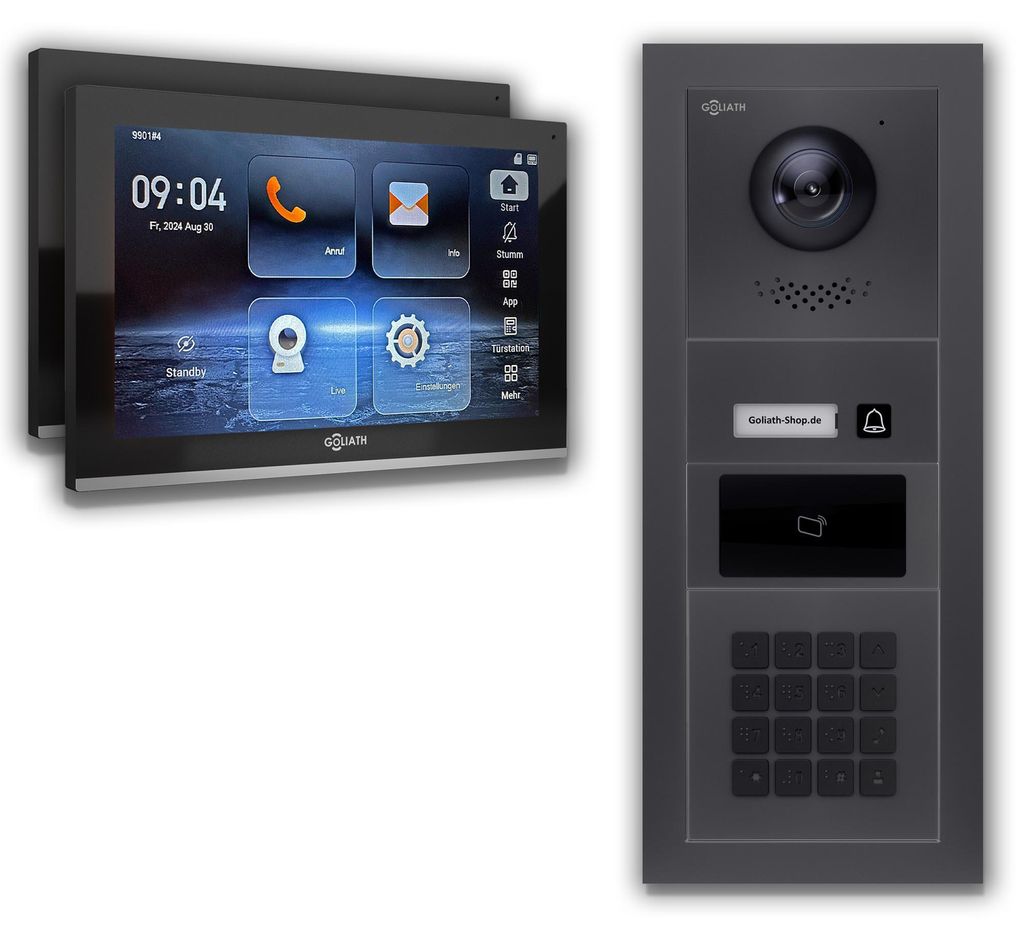 Goliath IP Video Türsprechanlage mit Kamera 10-Zoll Zahlencode RFID Anthrazit : 2 Monitore : 10 Zoll Schwarz : Aufputz Dose Monitor Anzahl: 2 Moni...