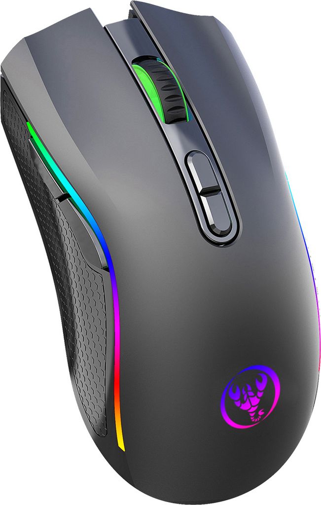 A close-up, angled shot of a dark gray wireless gaming mouse with RGB lighting.