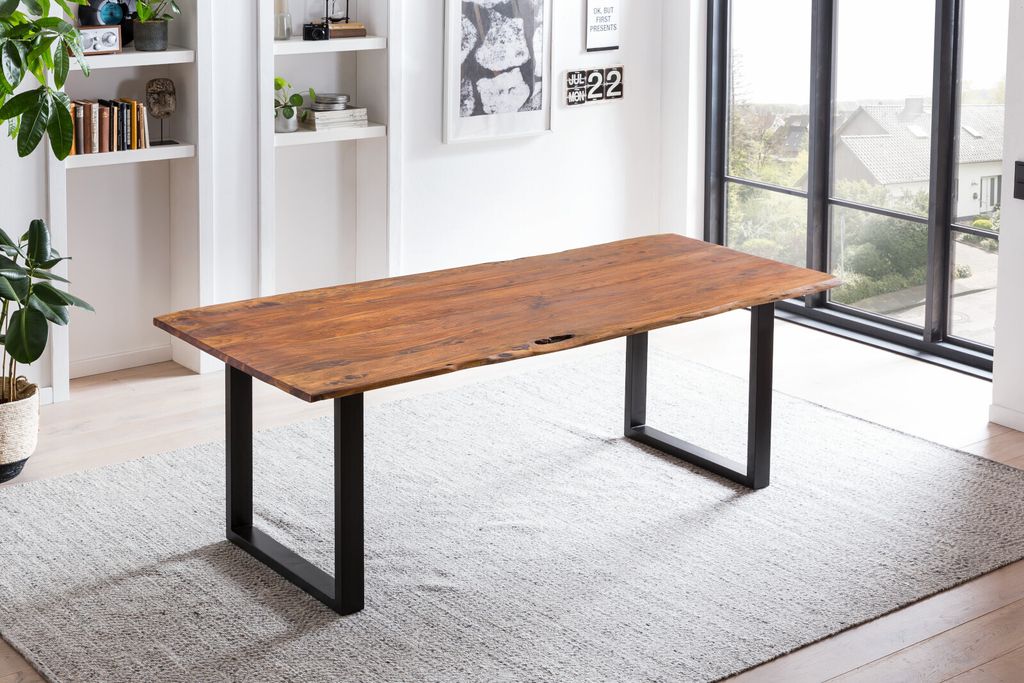 Esstisch Baumkante massiv 220 x 100 cm Akazie nougat U-Gestell schwarz LAURINA