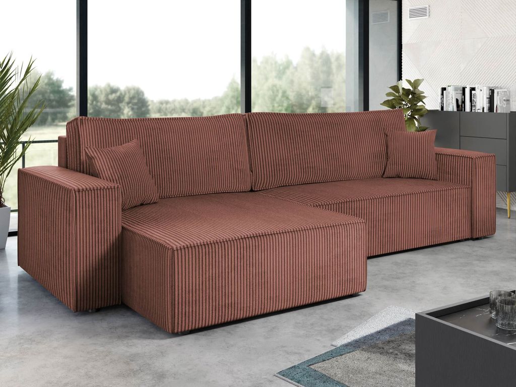 MIRJAN24 Ecksofa Karl Maxi Cord, Eckcouch, Couch mit Bettkasten und Schlaffunktion, L-Form, Ottomane universal, Dekorative Kissen-Set (Farbe: Poso 29)