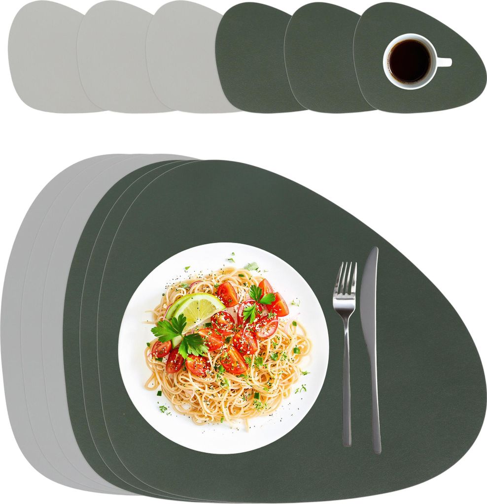 Relaxdays Platzdeckchen mit Untersetzern, 6er Set, Kunstleder, 30 x 40,5 cm, abwischbar, ovales Tischset, grau/grün