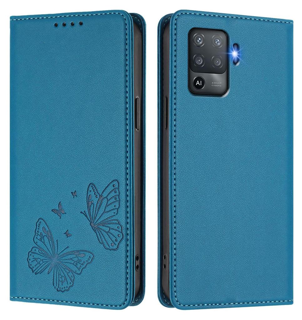 Lederhülle für Oppo F19 Pro, Schmetterling Prägung Leder Brieftasche Schutzhülle mit Ständer Blau