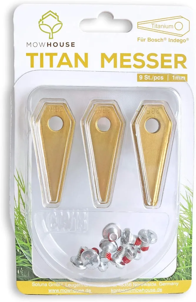 Lames titane Bosch Indego MOWHOUSE - Fini l'herbe jaunie, coupe nette x9