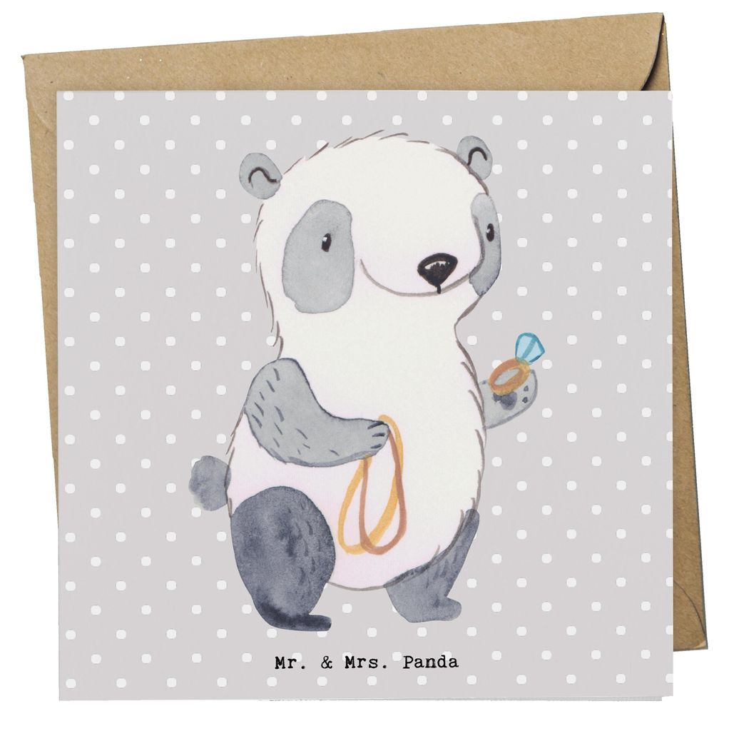 Mr. & Mrs. Panda Grußkarte Juwelier Herz - Grau Pastell - Geschenk, Goldschmuck, Shopping, Klappkarte, anlasskarte, doppelkarte, Goldschmied, Schm...