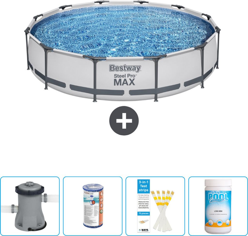 Bestway Round Steel Pro MAX Schwimmbad – 366 x 76 cm – Grau – inklusive Pumpe Filter - Teststreifen - Chlor