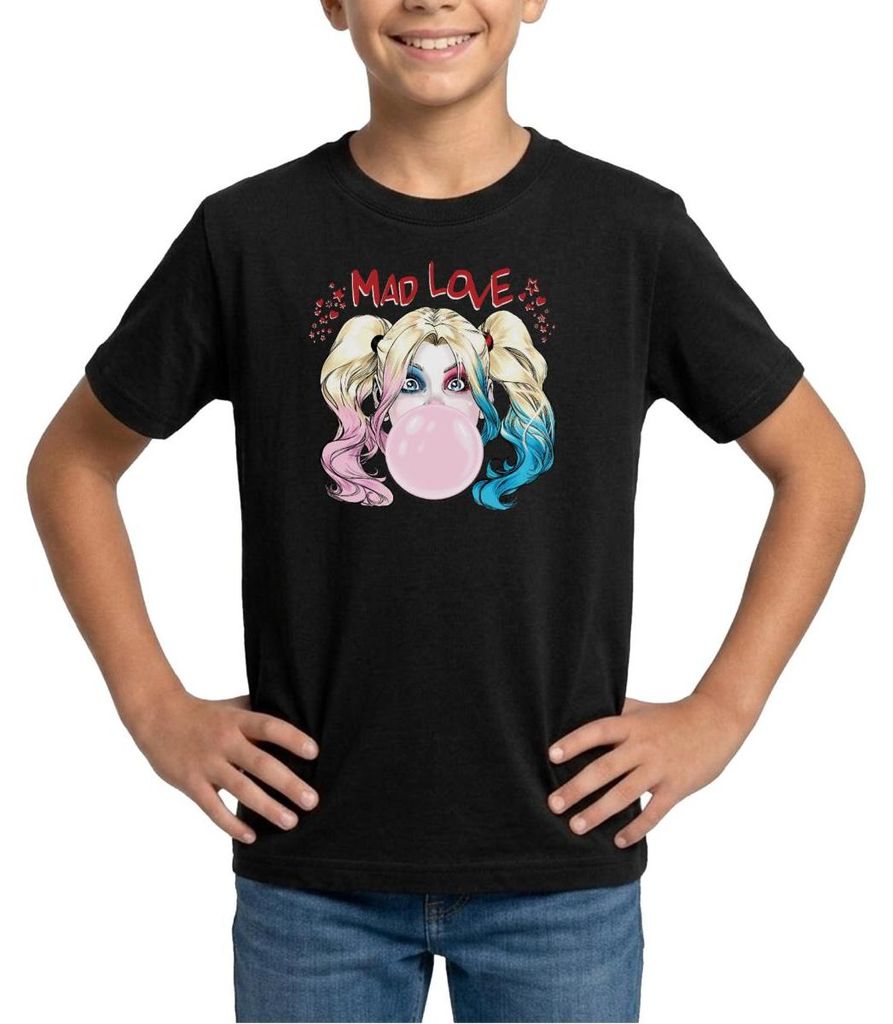 Spreadshirt Harley Quinn Mad Love Bubblegum Teenager T-Shirt, 152/164 (12-14 Jahre), Schwarz