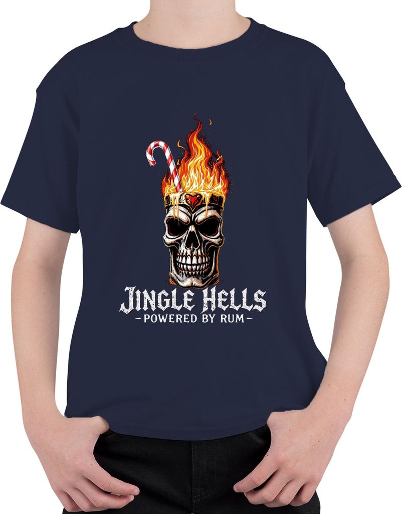 Jingle Hells Powered by Rum Totenkopf Weihnachten Flammen lustig Uni Kinder T-Shirt, Navy, 128