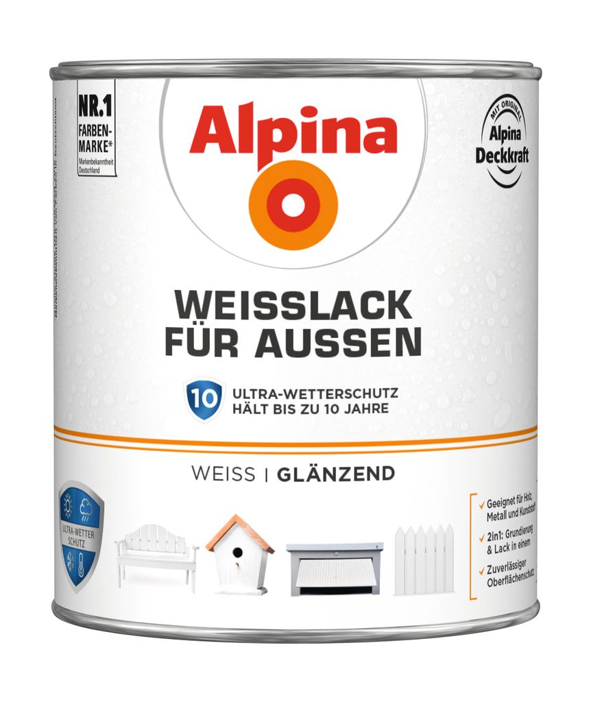 Alpina Weißlack für Außen glänzend weiß 2 l Produktbild 