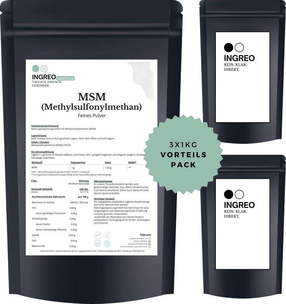 MSM (Methylsulfonylmethan) Feines Pulver (>100 Mesh) – 3kg (3X1kg)