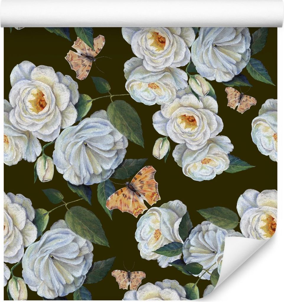 10m VLIES TAPETE Rolle Dekorative WEISSE Rosen Schmetterlinge im Vintage Stil 6597