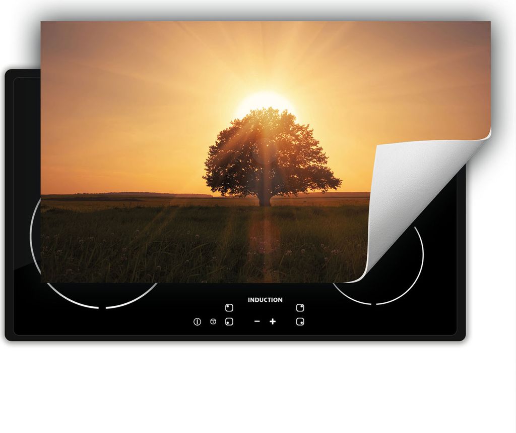 DarHaus Herdabdeckplatte 90x52 cm Anti Rutsch Matte Aufrollbar, Baum - Sonne