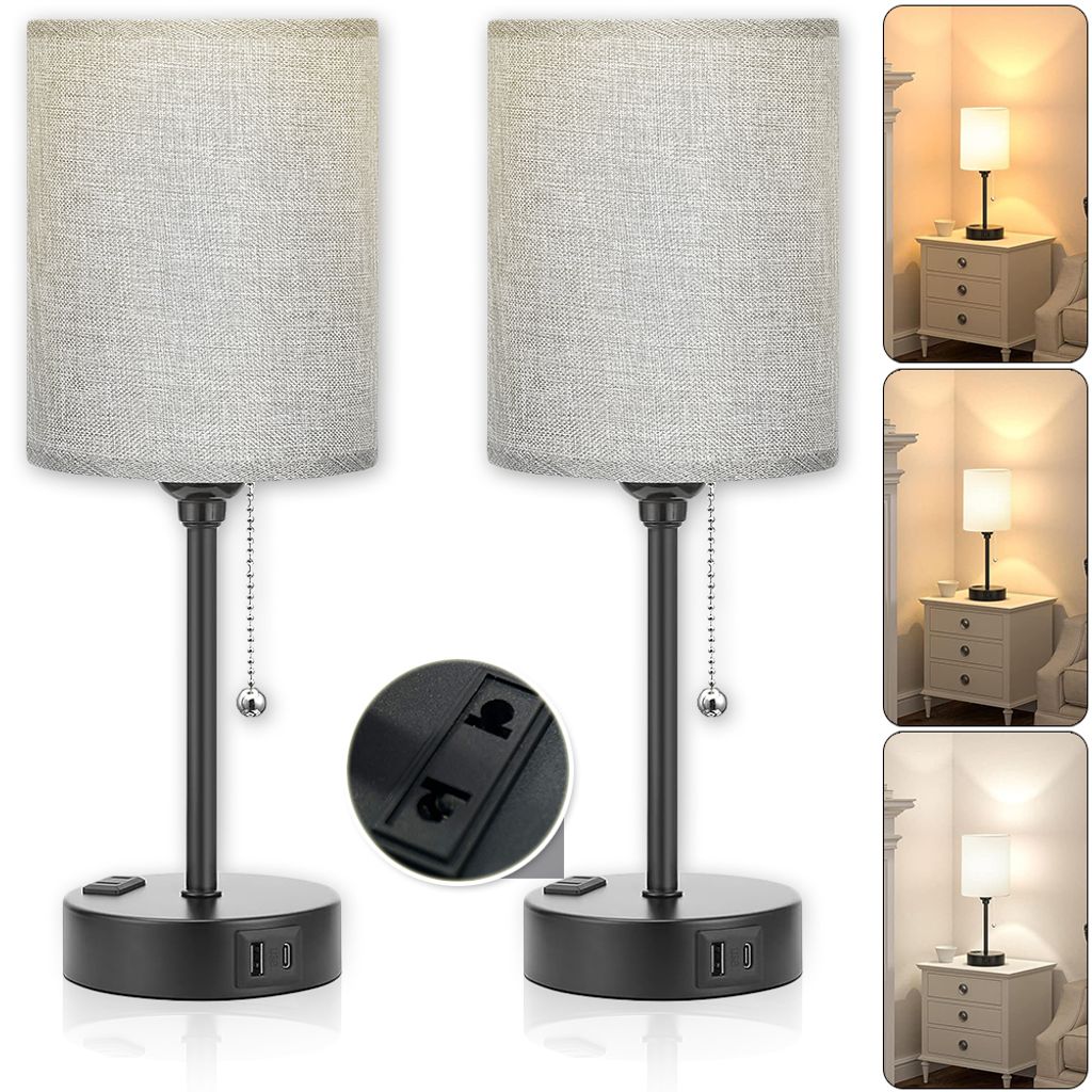 2x Dimmbare Nachttischlampe Led Grau, Modern Kleine USB Tischlampe Mit Kabel, E27 3 Modi Bedside Lamp für Nachttisch Bett Schlafzimmer Wohnzimmer