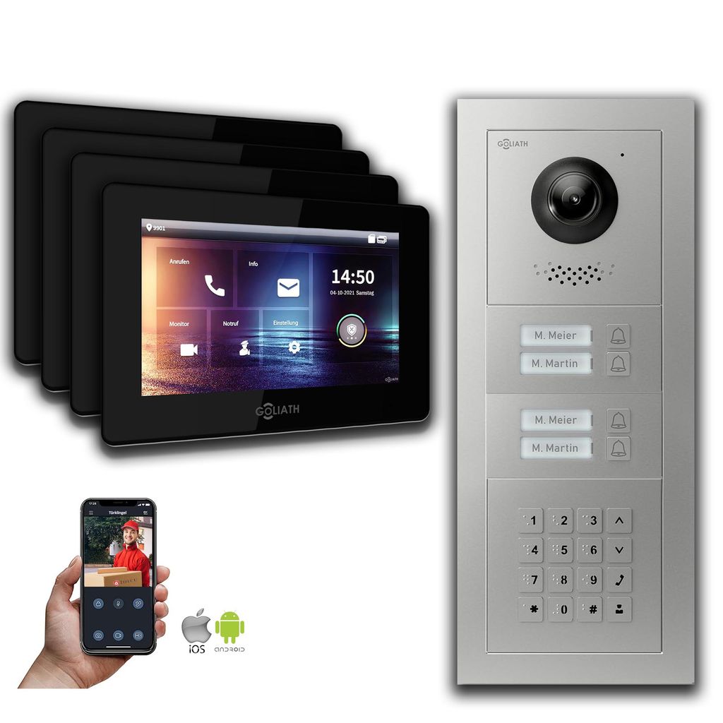 Goliath IP Video Türsprechanlage: 7-Zoll 4 Familienhaus, Zahlencode, Silber : Unterputzdose : 7 Zoll in Schwarz Monitor Auswahl: 7 Zoll in Schwarz...