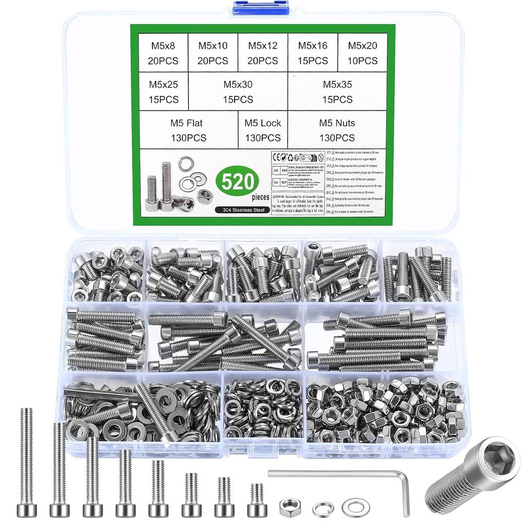 520-teiliges M5-Schraubenset, Schrauben, Muttern, Innensechskantschrauben aus Edelstahl, Unterlegscheiben, DIY-Reparaturset
