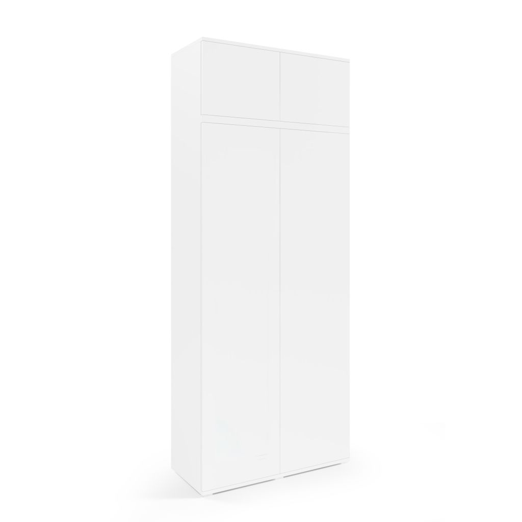 Kleiderschrank 90 cm "Modulo" 2-türig und Schrankaufsatz, Mehrzweckschrank, Weiß, Push-to-Open-System, Modernes Design