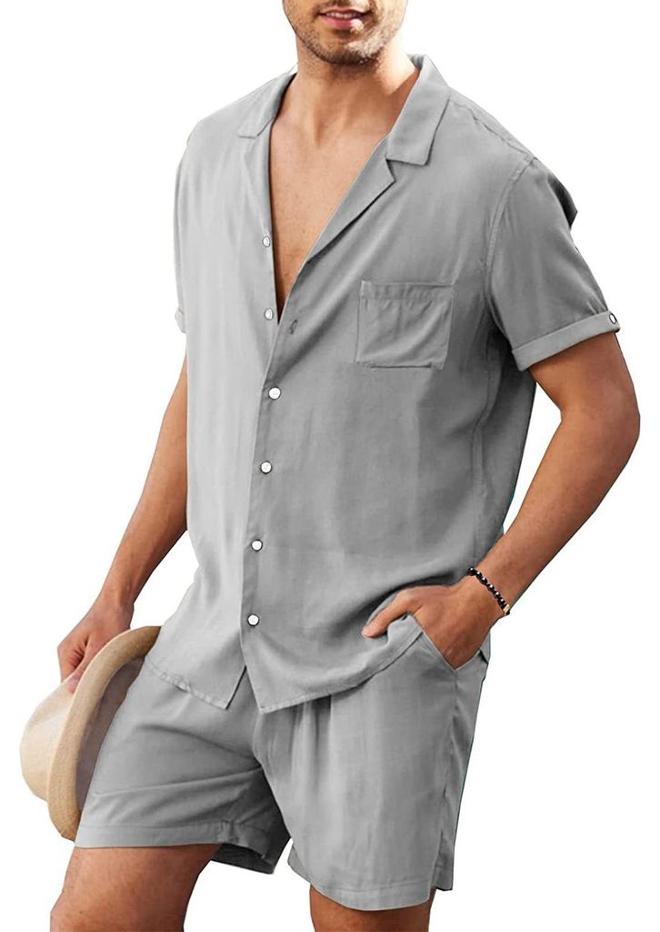 Baumwoll-Leinen-Hemden-Set, kurzärmelig, Herren-Freizeitanzug mit Knopfleiste, atmungsaktiv, ideal für Strand, Grau, Größe L