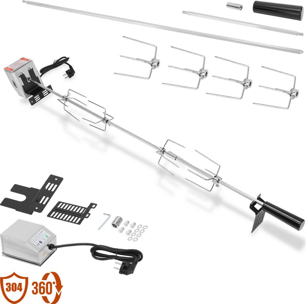 Jopassy Grillspieß Set 117 cm 4X Fleischnadel inkl. Edelstahl mit Motor 220V-240V Drehspieß Rotisserie Drehspiess Grillspieß für Gasgrill holzk...