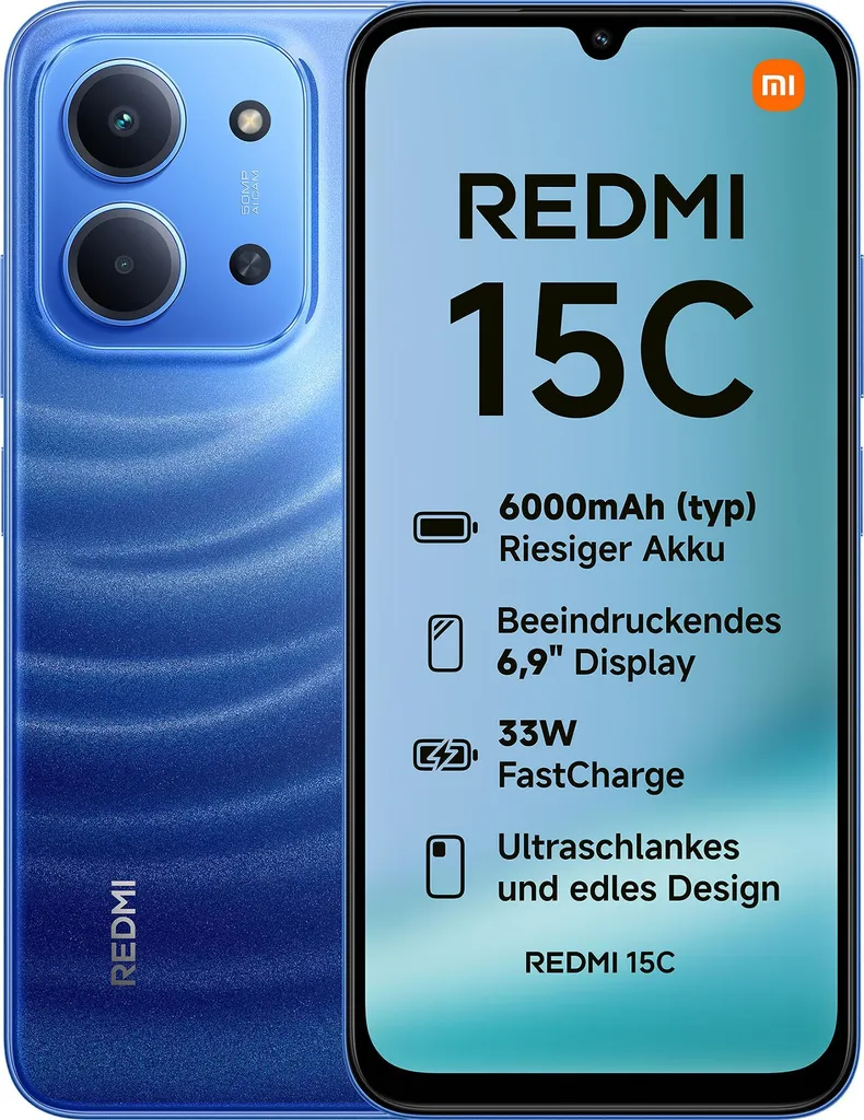 XIAOMI Redmi 15C 4G Smartphone, 6 GB + 128 GB, Blu, Fotocamera 50 MP, Display 6,9” 120 Hz, Ricarica Veloce 33 W, MediaTek Helio G81-Ultra, Batteria 6000 MAh, HyperOS 2, Caricabatterie Incluso