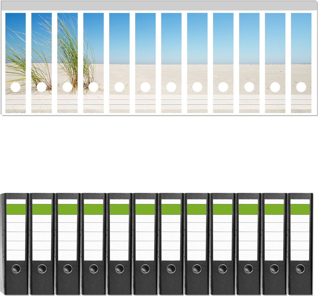 Wallario 12 Stück breite Ordner inkl. Klebeetiketten mit Motive Sandstrand unter blauem Himmel - Set mit Rückenschildern / Ordnerrücken Stickern