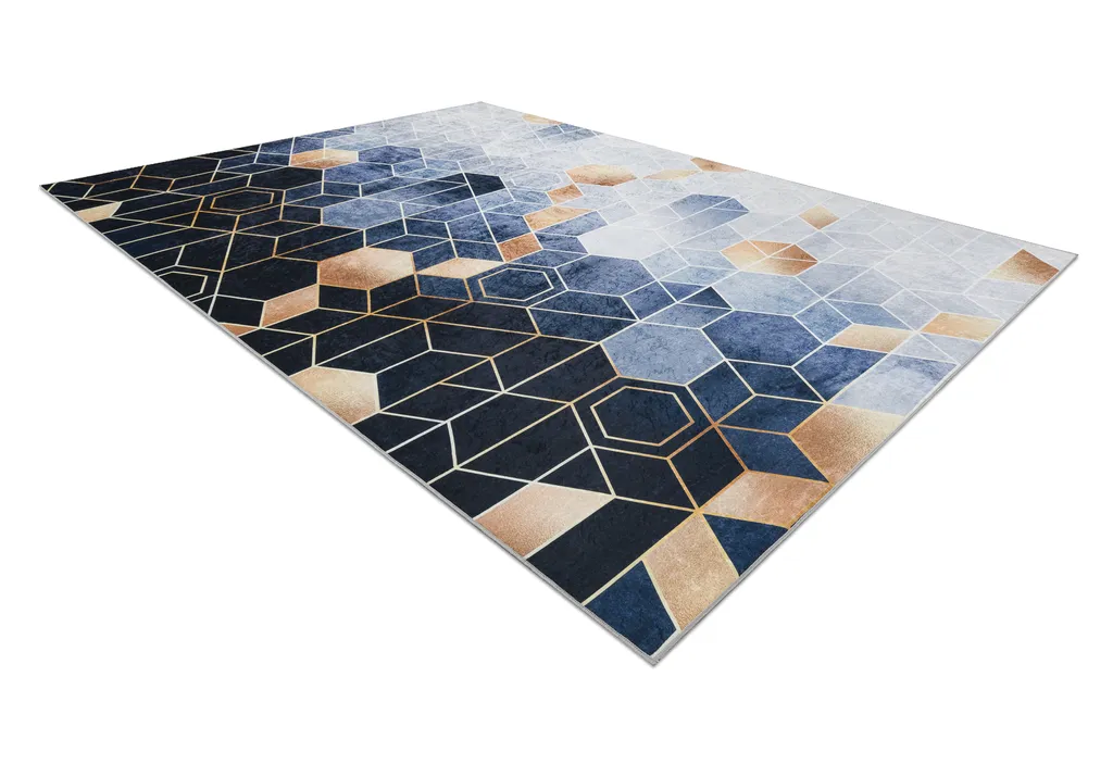 Tapis de salon bleu 160x220 cm lavable à motif géométrique cube ANDRE