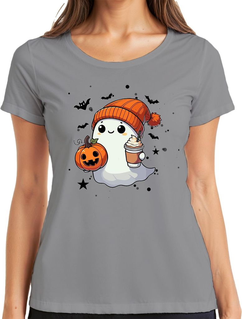 Süßer Halloween Geist Kürbis Pumpkin Spice Latte Herbst Niedlich Damen T-Shirt, Grau, M