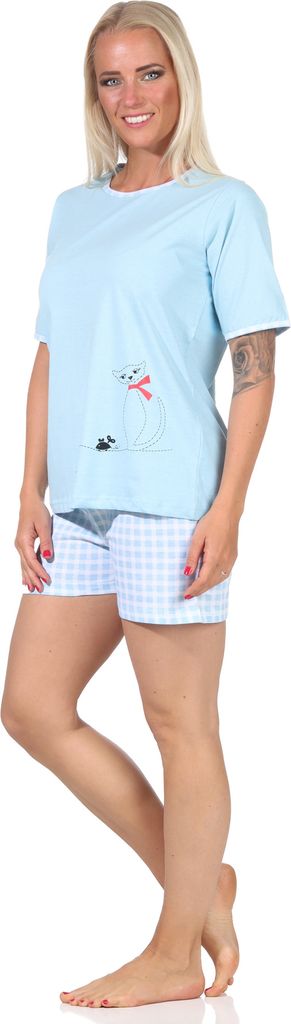 Damen-Kurzarm-Pyjama Mit Süßem Katzen-Motiv – Bequemer Shorty Aus 100% Baumwolle (OEKO-TEX) – Perfekt Für Gemütliche Abende