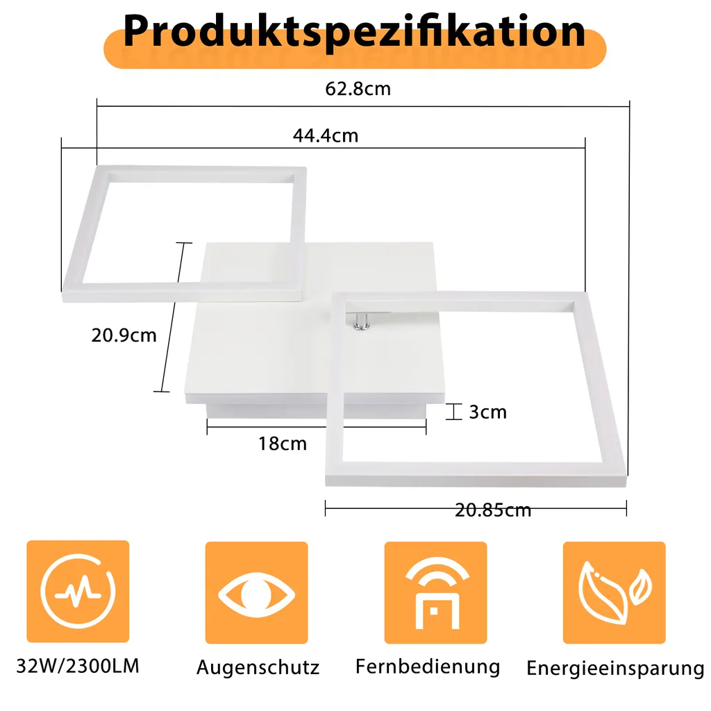 ZMH Plafonnier LED Chambre 32W Dimmable avec Télécommande Design Carré - 2