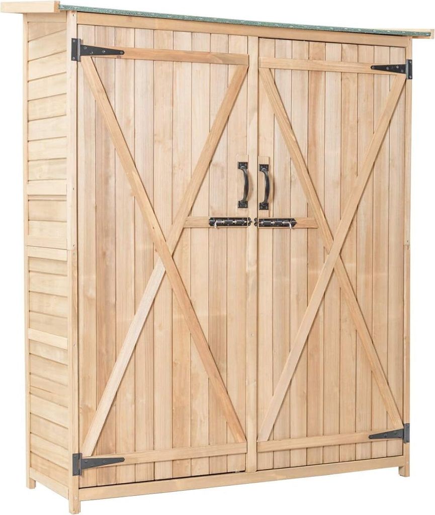 KOMFOTTEU Gartenschrank Holz 140x50x162cm, Gerätehaus Outdoor mit 2 Regalböden & 1 Schrank, Geräteschuppen wetterfest mit abschließbaren Türen...