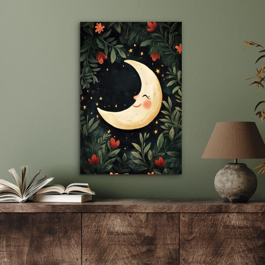MuchoWow Wanddekoration Metall Metallbild Wandkunst 40x60 cm Mond - Blumen - Nachthimmel MuchoWow Aluminium Gemälde - Wanddekoration aus Aluminium