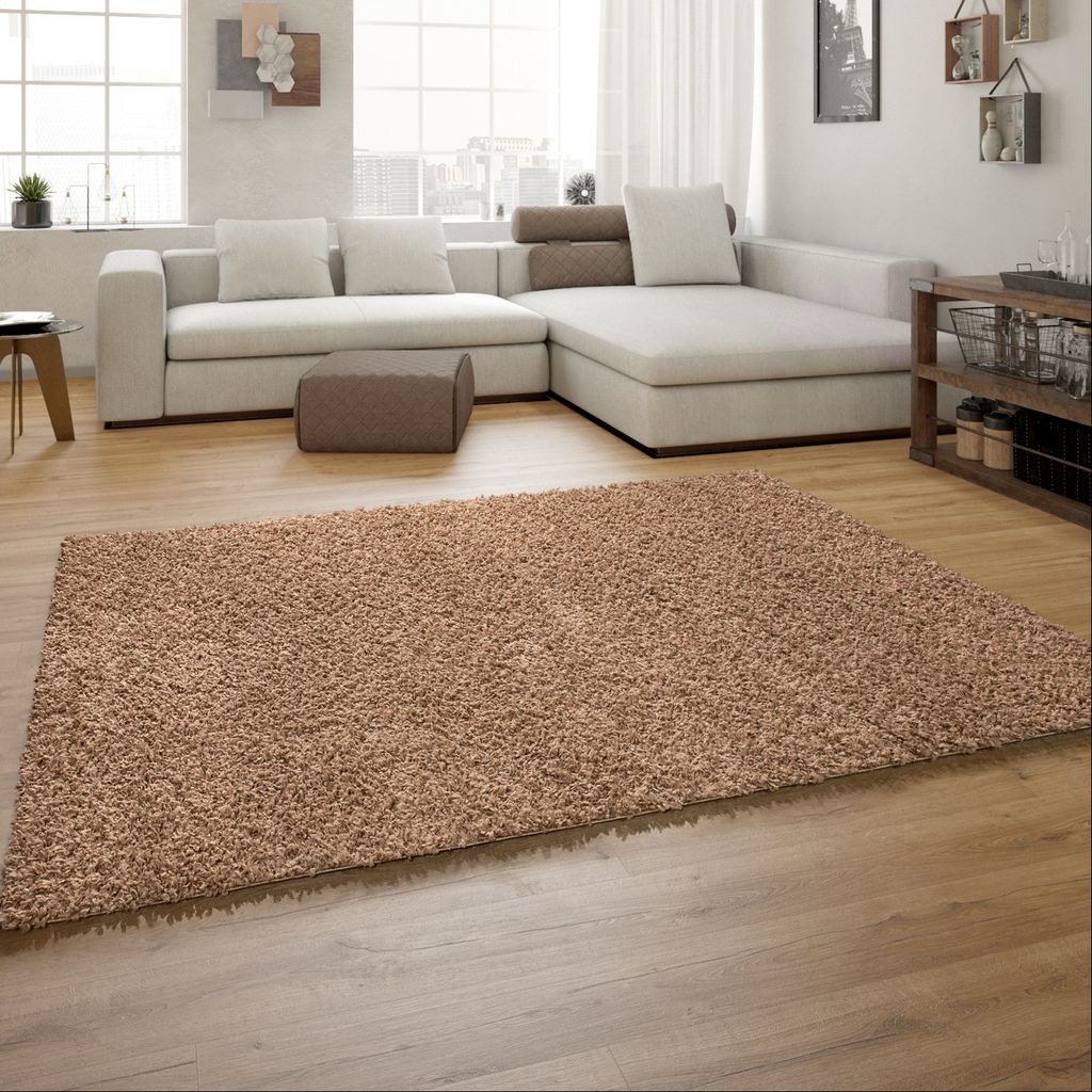 TT Home Hochflor Shaggy Teppich Preishammer Uni Einfarbig in Beige Modern Größe 140x200 cm