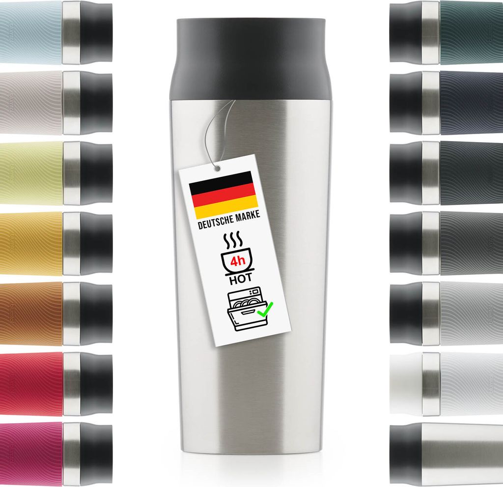 A silver stainless steel travel mug is shown with a tag attached, displaying product information and the German flag.