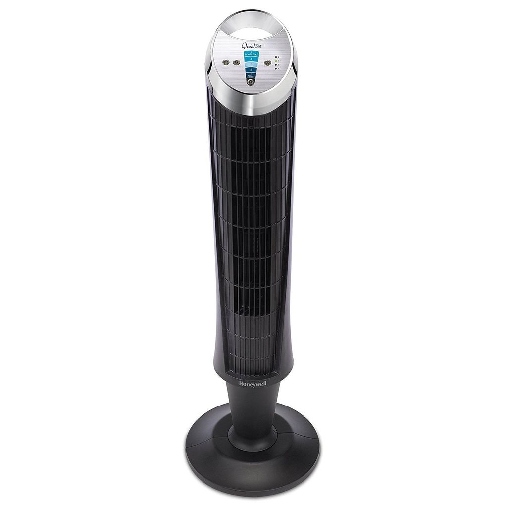 A black Honeywell tower fan is shown against a white background.