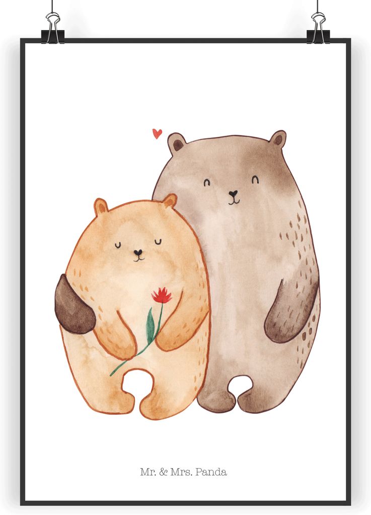 Mr. & Mrs. Panda Bild Bären Liebe DIN A4 - Weiß - Geschenk, Freundin, Umarmung, kunstdruck poster, drucke, Blume, Verknallt, Plakat, wanddeko, Ho...
