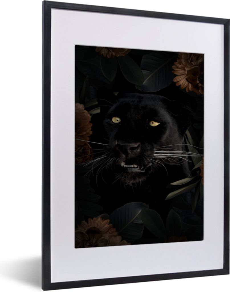 MuchoWow MuchoWow Gerahmtes Poster Panther - Tiere - Blumen 30x40 cm - Poster mit zchwarzem Bilderrahmen - Wandposter Schlafzimmer
