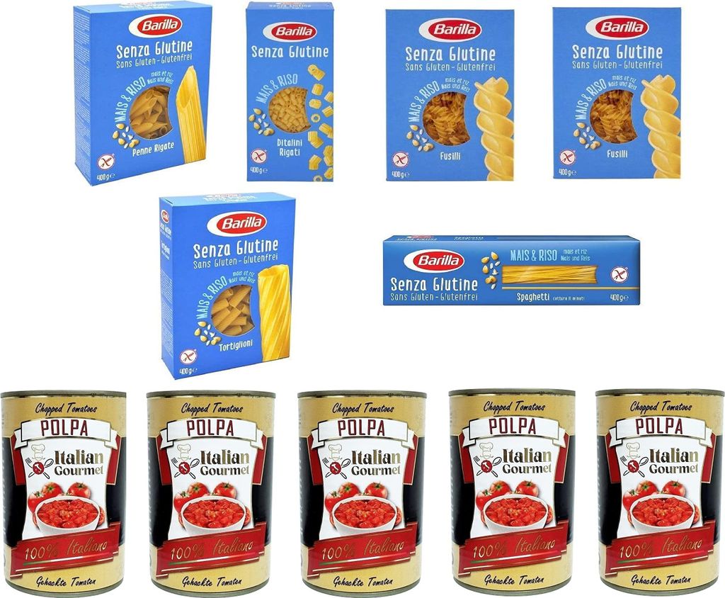 TESTPAKET Barilla senza Glutine Glutenfrei pasta nudeln 6 x 400G und Italian Gourmet Polpa di pomodoro Fein gehacktes Tomatenmark 5x 400g