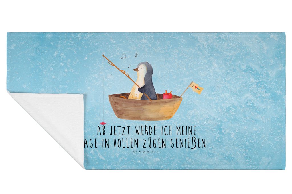 Mr. & Mrs. Panda Handtuch Pinguin Angelboot - Eisblau - Geschenk, Optimistisch, Frotteehandtuch, frottierhandtuch, Flauschtuch, Angeln, Boot, 50x100