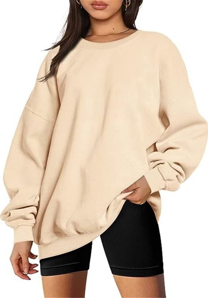 ASKSA Damen Sweatshirts Basic Rundhals Langarmshirt Loose Fleece Pullover Casual Oberteile Tops, Aprikose, M