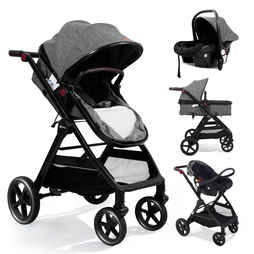 Sekey Kinderwagen 3 in 1 Kombi-Kinderwagen Komplettset, Auto Babyschale ab Geburt, 0–4 Jahre Buggy mit Moskitonetz und Regenschutz, Schwarz und Grau