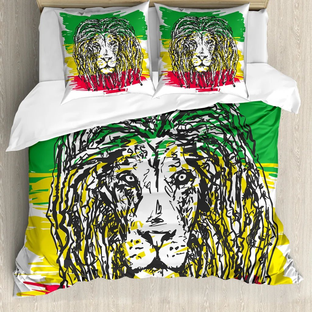 ABAKUHAUS Copripiumino Rasta, Hair Style Lion Portrait, antiacaro, adatto a chi soffre di allergie, con federe, 155 cm x 220 cm - 80 x 80 cm, verde, giallo e rosso