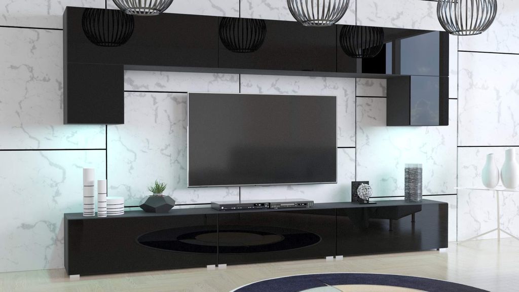Furnitech Wohnwand Wohnzimmer - Wohnzimmer Möbel mit LED Blau - Hängend Wohnwand Modern - Regale und TV Schrank (Kate AN70-19B-HG1 1A - 242 cm)