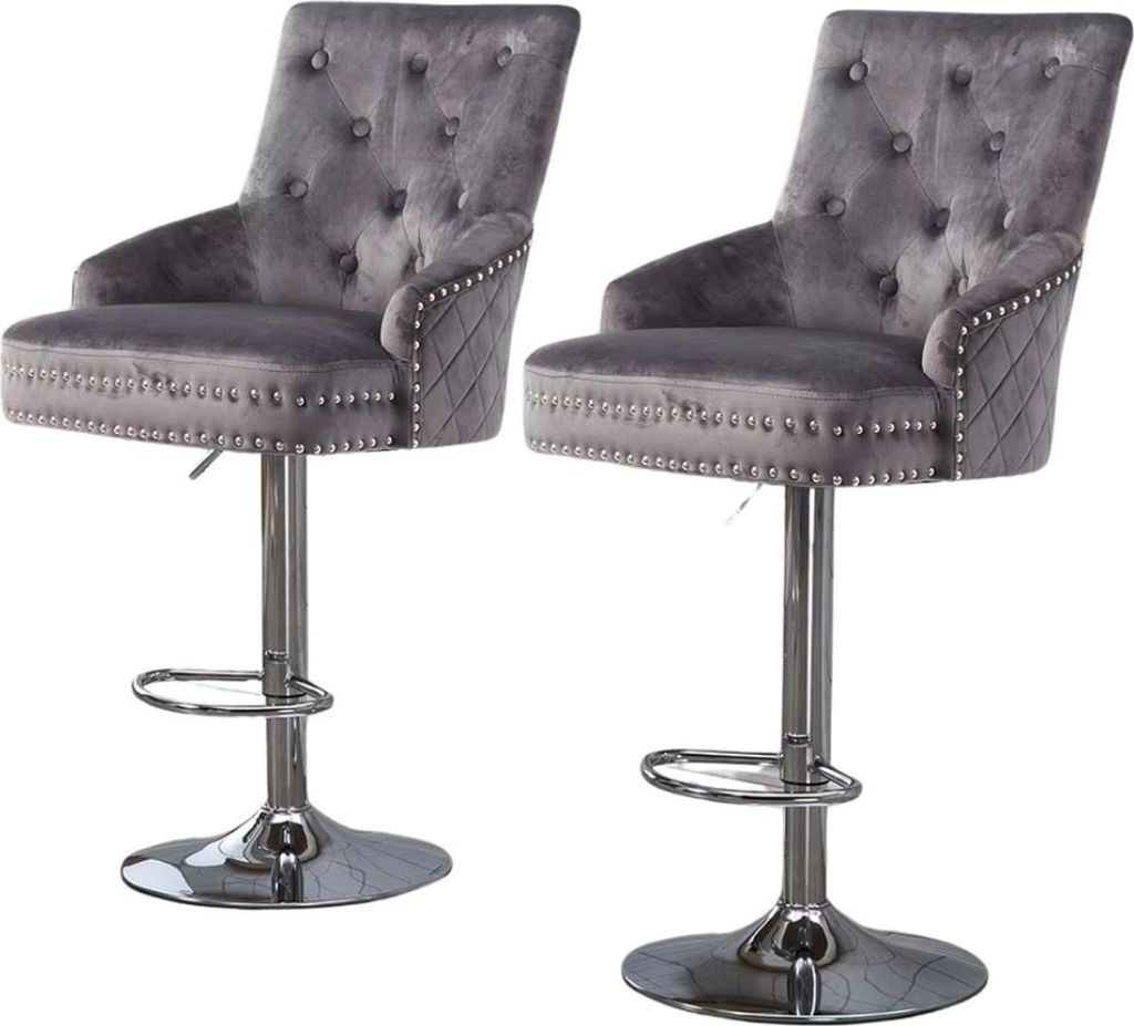 Luxe Barhocker 2er Set - Mit Rückenlehne - Grau - Samt - Höhenverstellbar - Drehbar - Für Küche, Bar oder Wohnzimmer