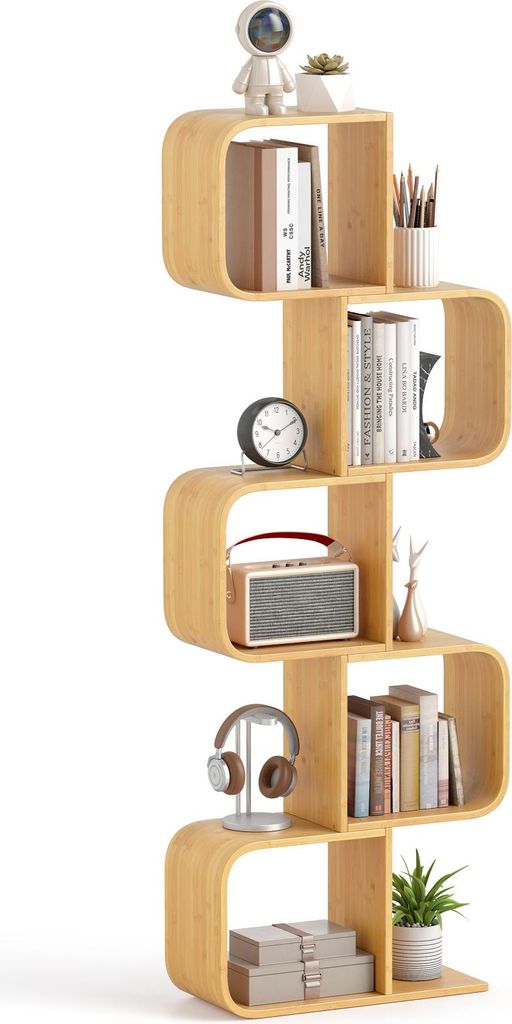 COSTWAY Bücherregal S-förmig, Standregal aus Bambus Würfelregal, Geometrisches Dekoregal Bambusregal für Wohnzimmer, Arbeitszimmer, Büro