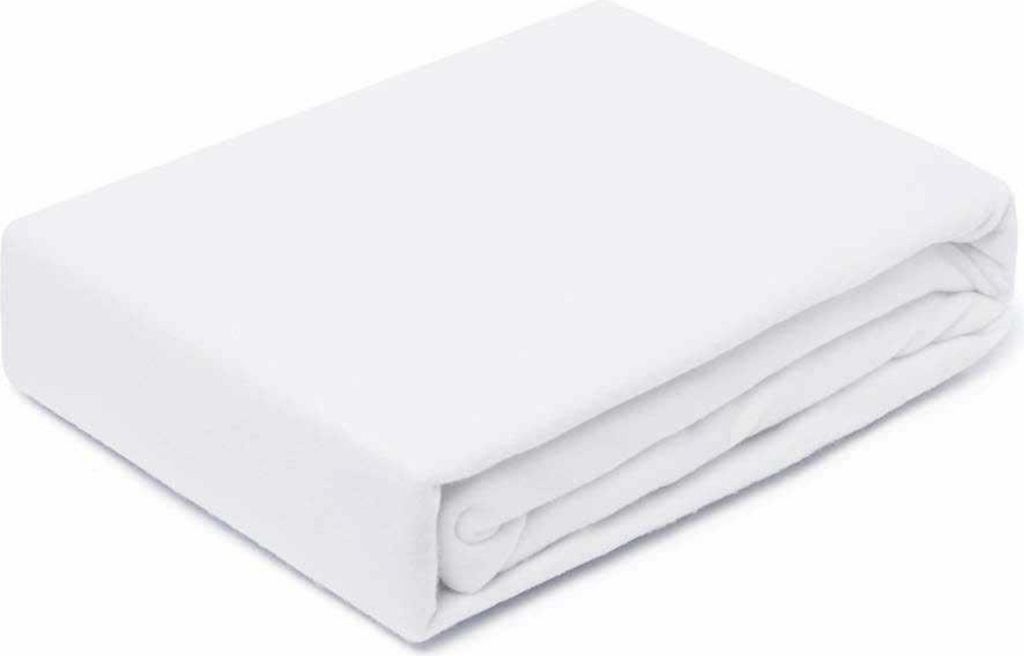 A folded white fitted sheet is shown on a white background.