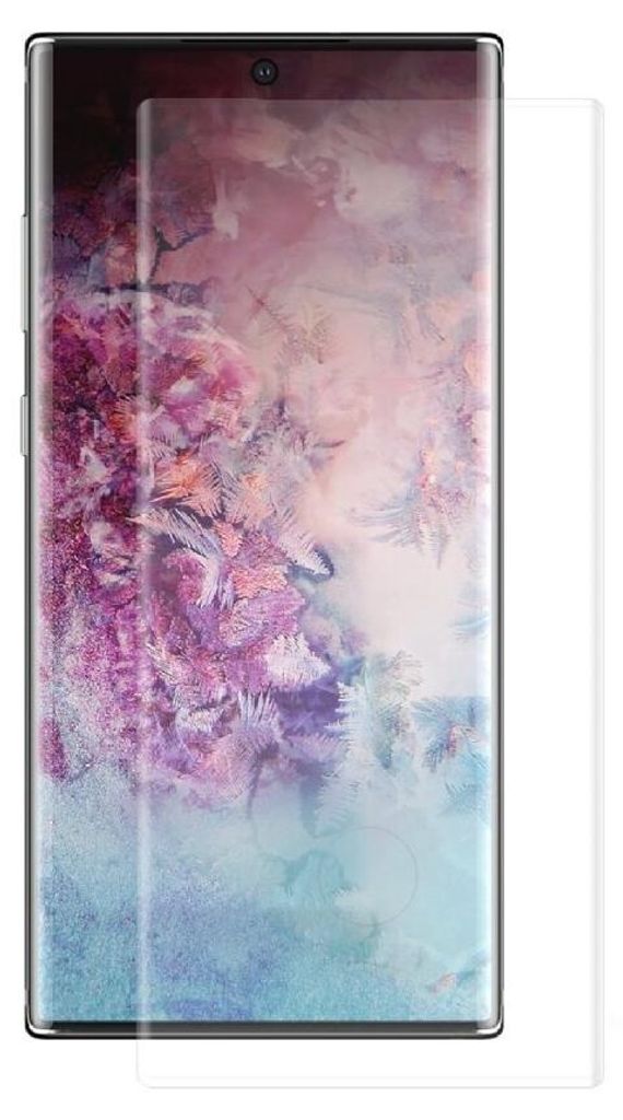 A clear screen protector for a smartphone is shown against a white background.