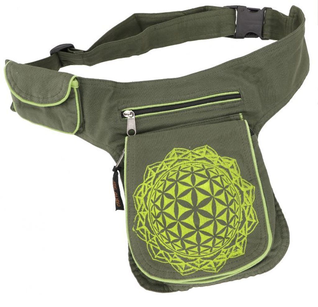 Stoff Sidebag & Hüfttasche `Flower of Life`, Boho Gürteltasche, Bauchtasche aus Nepal - Olivgrün, Uni - Erwachsene, Baumwolle, 25*20*4 cm, Festi...
