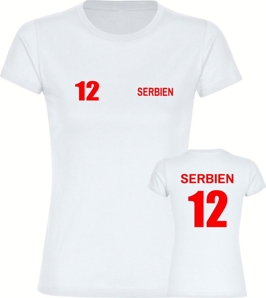multifanshop Damen T-Shirt - Serbien - Trikot Nummer 12, weiß, Größe L