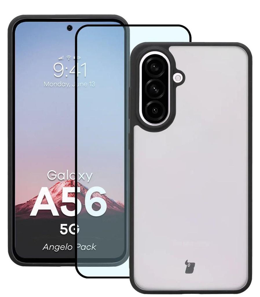 Schutzhülle + gehärtetem Glas Bizon Angelo Pack für Galaxy A56 5G, Getönte mit schwarzem Rahmen